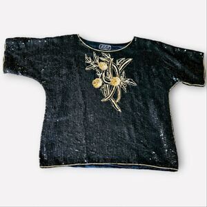 Vintage J.L.B. Joseph Le Bon '70s Sequin Silk Floral Short Sleeve Top Blouse M